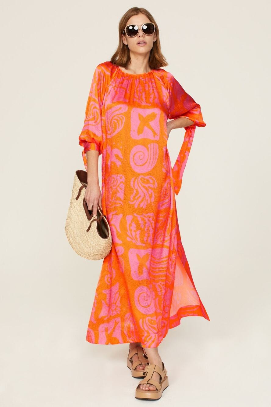 Rodebjer Wava Orange Pink Resortwear Beach Vacation Silk Kaftan Maxi Dress Small